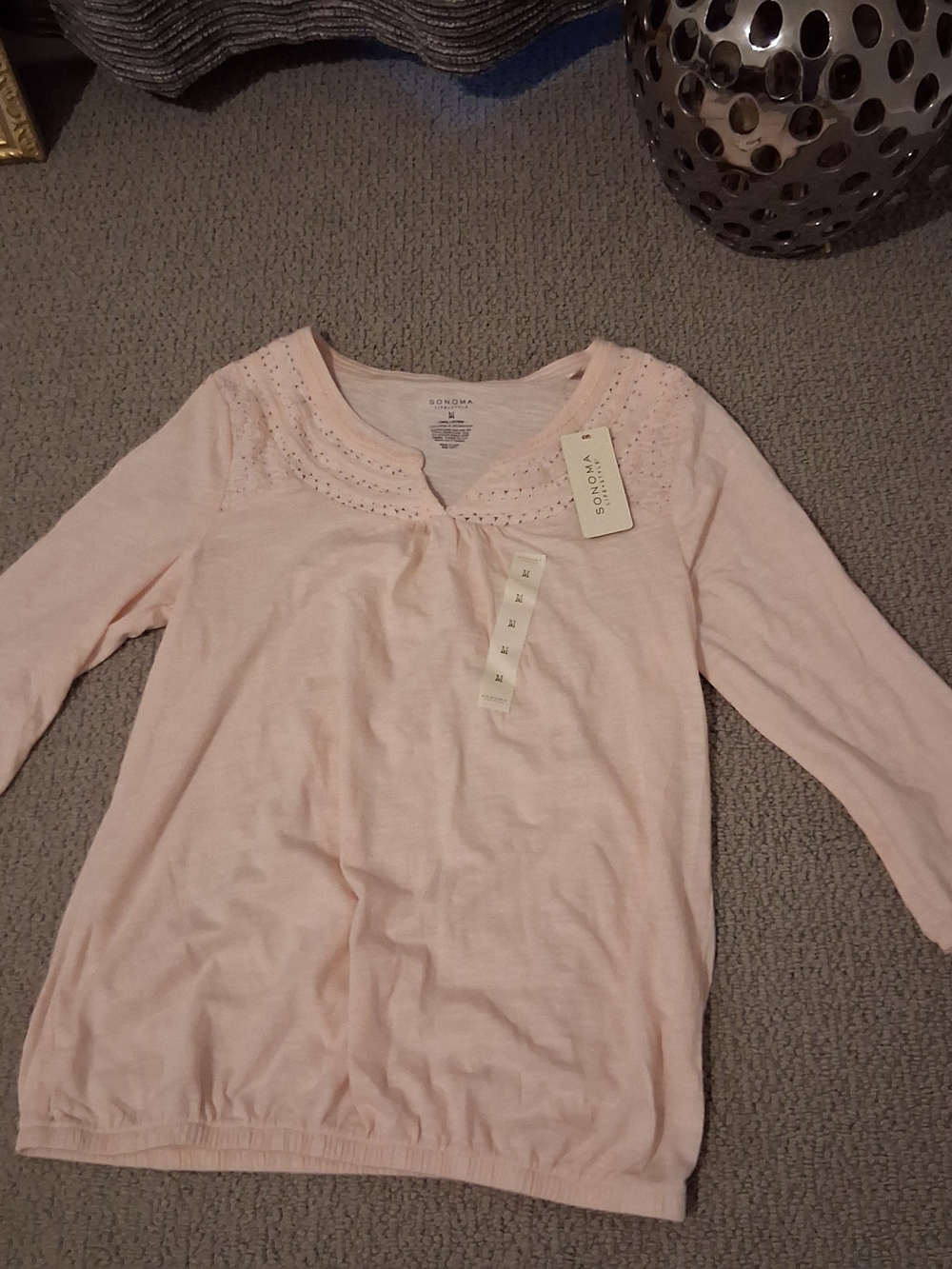 Sonoma Pale Pink Long Sleeve Women's Top with Eyelet Detail